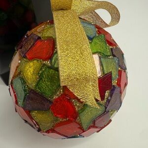 Vintage plastic Mosaic Holiday Ornament with Gold Ribbon 4”